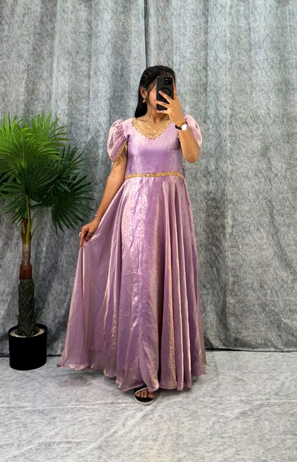 W06110 Premium dual shaded space silk Gown with Attractive hanging Sleeve - Lavender Rose, L-40