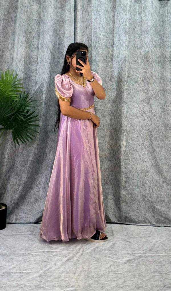 W06110 Premium dual shaded space silk Gown with Attractive hanging Sleeve - Lavender Rose, XXL-44