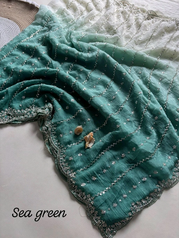 W93001 Viral Soft Crunchy Silk Dual Colour Shade Original Beads Work Saree - Sea Green
