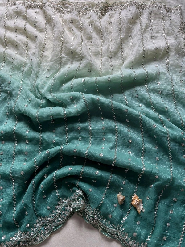 W93001 Viral Soft Crunchy Silk Dual Colour Shade Original Beads Work Saree - Sea Green