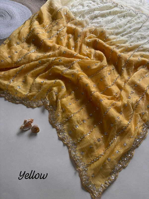 W93001 Viral Soft Crunchy Silk Dual Colour Shade Original Beads Work Saree - Yellow