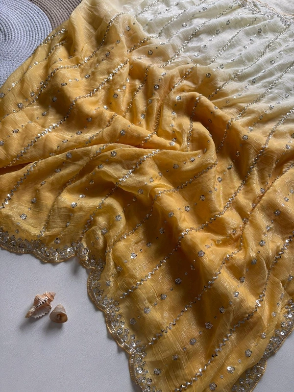 W93001 Viral Soft Crunchy Silk Dual Colour Shade Original Beads Work Saree - Yellow