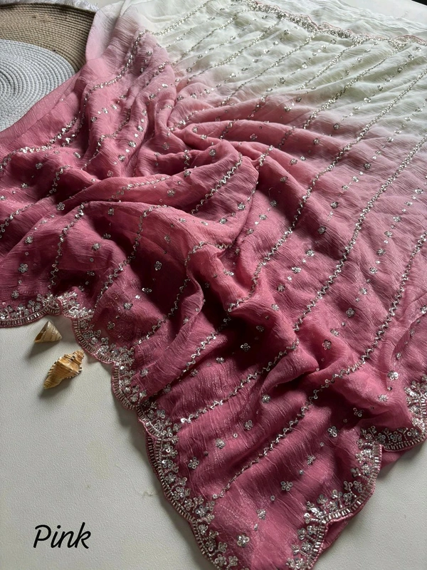 W93001 Viral Soft Crunchy Silk Dual Colour Shade Original Beads Work Saree - Pink