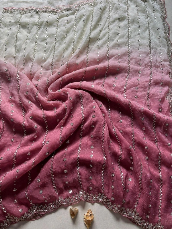 W93001 Viral Soft Crunchy Silk Dual Colour Shade Original Beads Work Saree - Pink