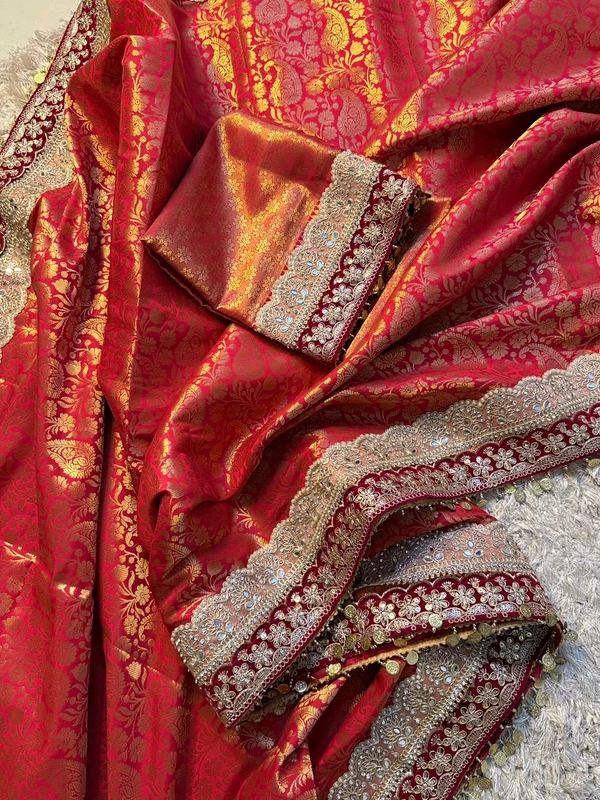 W19008 Premium Kanjivaram Soft Tanchui Saree With Maggam Lace Border