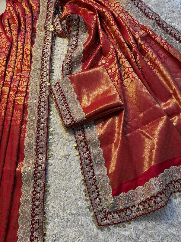 W19008 Premium Kanjivaram Soft Tanchui Saree With Maggam Lace Border