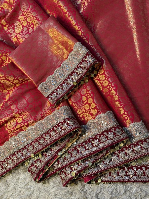 W19008 Premium Kanjivaram Soft Tanchui Saree With Maggam Lace Border