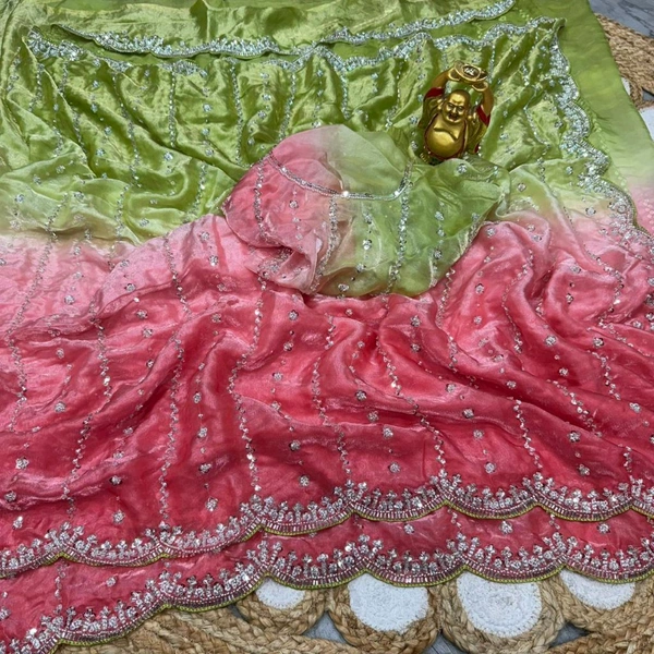 W78108 Premium quality Dual colour Bollywood trending Heavy Hand work space silk saree - Olive green & Pink