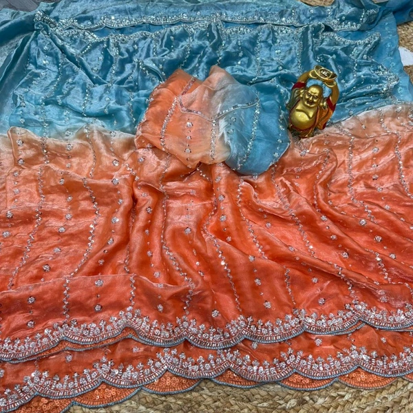W78108 Premium quality Dual colour Bollywood trending Heavy Hand work space silk saree - Blue & Orange