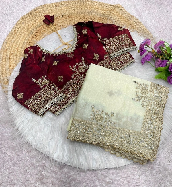 W77041 Heavy embroidery Work Stiched Blouse Space Silk Saree - White