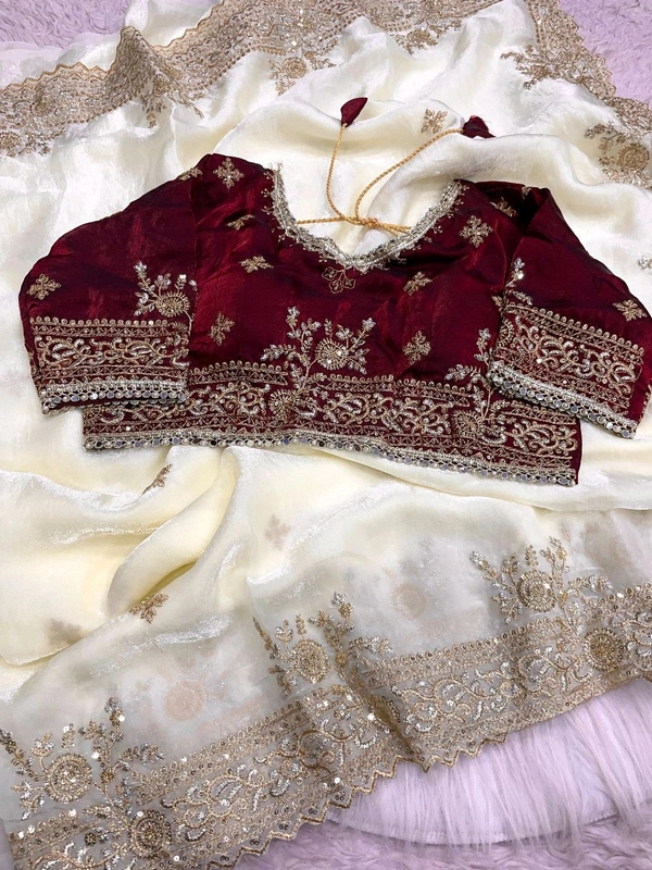W77041 Heavy embroidery Work Stiched Blouse Space Silk Saree - White