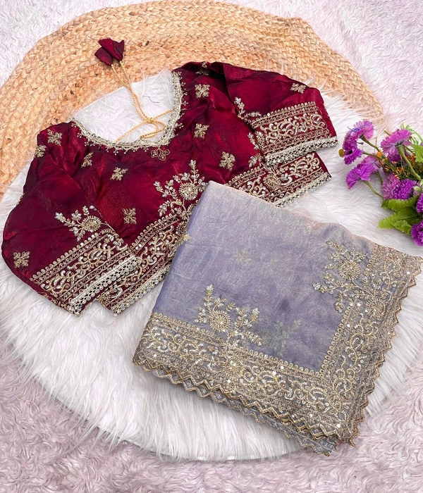 W77041 Heavy embroidery Work Stiched Blouse Space Silk Saree - Gray