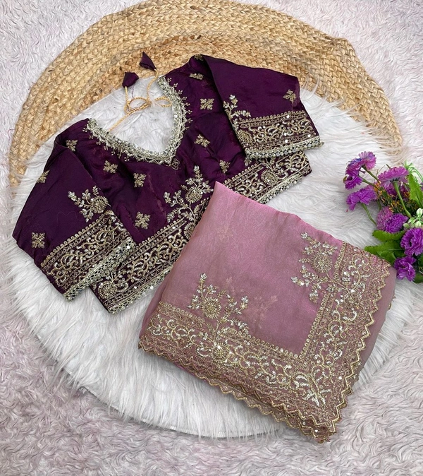 W77041 Heavy embroidery Work Stiched Blouse Space Silk Saree - Onion pink
