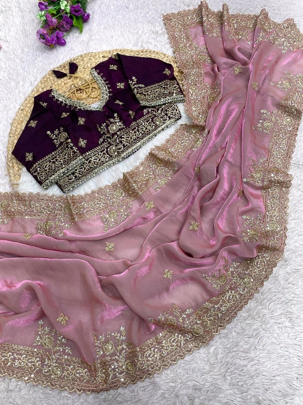 W77041 Heavy embroidery Work Stiched Blouse Space Silk Saree - Onion pink
