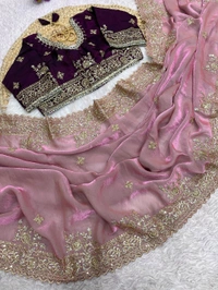 W77041 Heavy embroidery Work Stiched Blouse Space Silk Saree - Onion pink