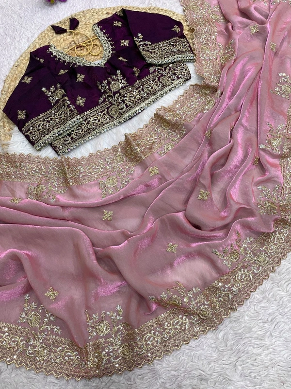 W77041 Heavy embroidery Work Stiched Blouse Space Silk Saree - Onion pink