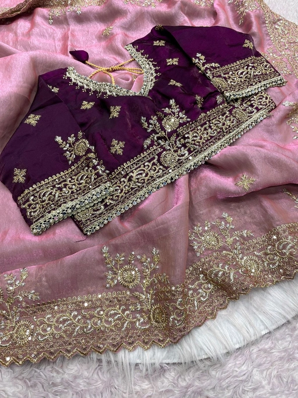 W77041 Heavy embroidery Work Stiched Blouse Space Silk Saree - Onion pink