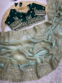 W77041 Heavy embroidery Work Stiched Blouse Space Silk Saree - Mint Green