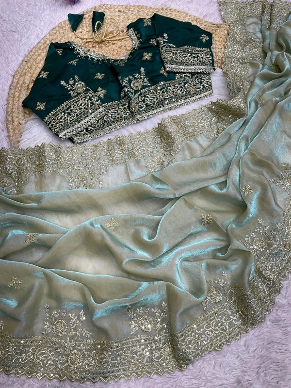 W77041 Heavy embroidery Work Stiched Blouse Space Silk Saree - Mint Green