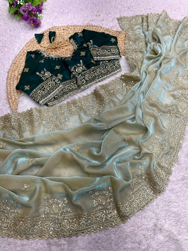 W77041 Heavy embroidery Work Stiched Blouse Space Silk Saree - Mint Green