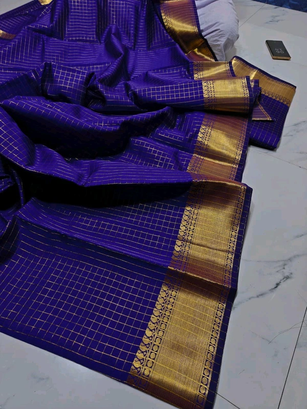 B11071 Checked Soft Katan Silk Saree  - Blue