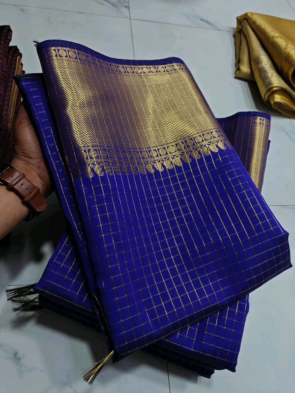 B11071 Checked Soft Katan Silk Saree  - Blue