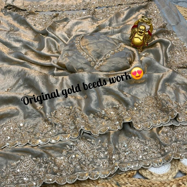 W78109 Bollywood inspired Original gold beads work velvet shine space silk saree 