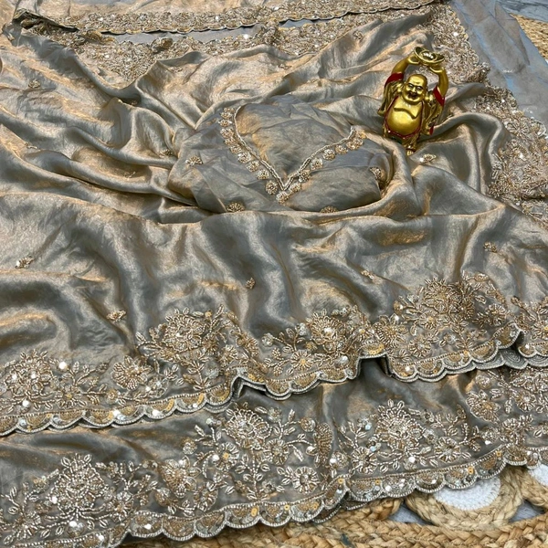 W78109 Bollywood inspired Original gold beads work velvet shine space silk saree 