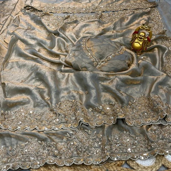 W78109 Bollywood inspired Original gold beads work velvet shine space silk saree 