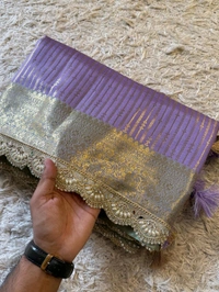 B19012 Exclusive Banarasi Semi Katan Striped Silk Saree with Beautiful pearls lace border attached by hand Classy latkan work pallu