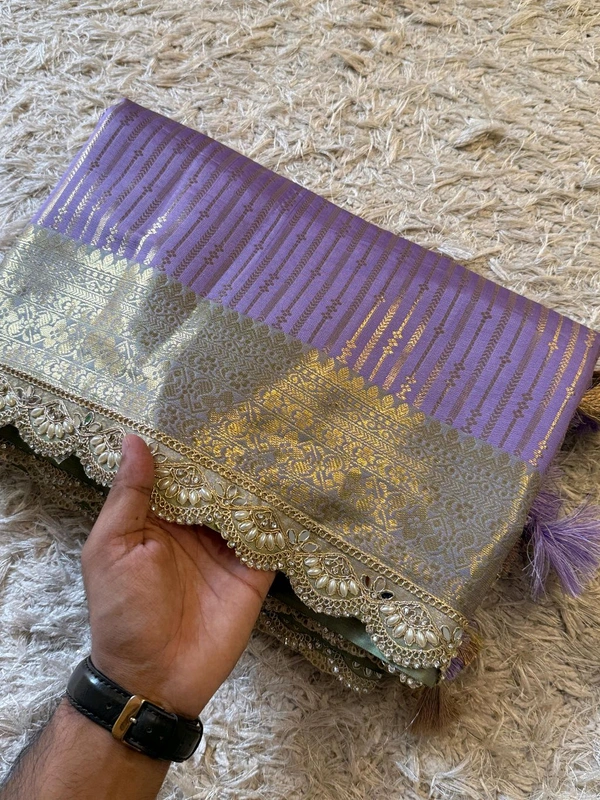 B19012 Exclusive Banarasi Semi Katan Striped Silk Saree with Beautiful pearls lace border attached by hand Classy latkan work pallu