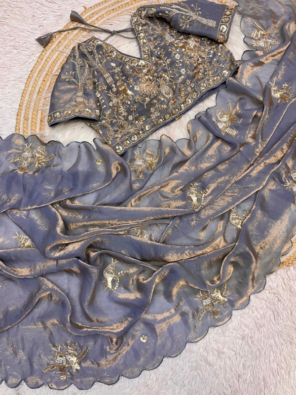 B29006 Most trending Parrot space silk Handwork saree With Stiched Blouse  - Gray
