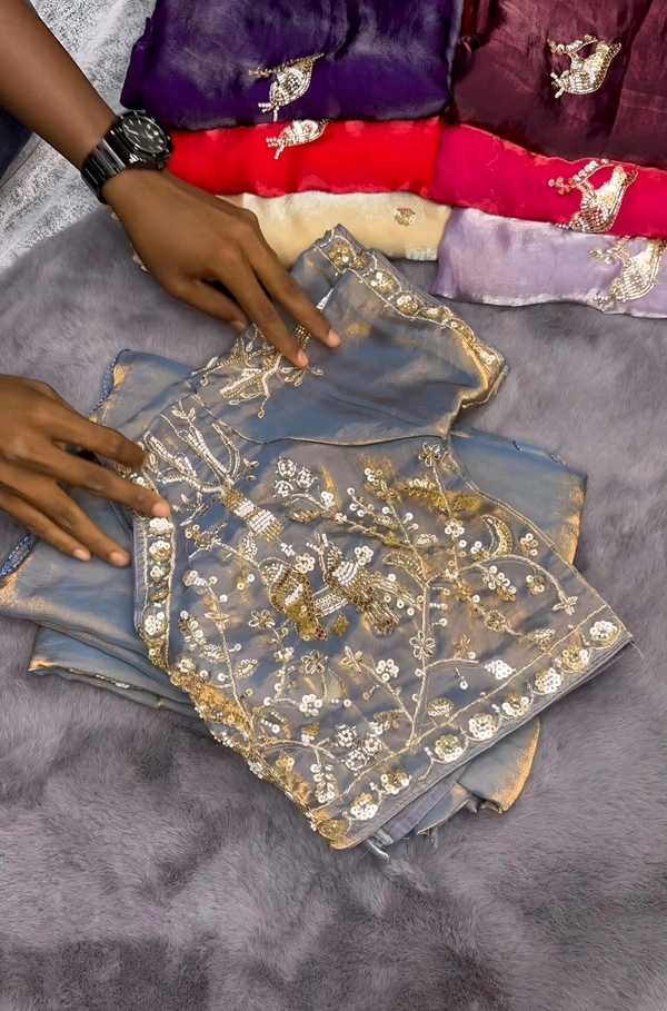 B29006 Most trending Parrot space silk Handwork saree With Stiched Blouse  - Gray