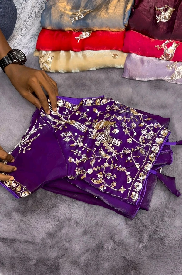 B29006 Most trending Parrot space silk Handwork saree With Stiched Blouse  - Purple