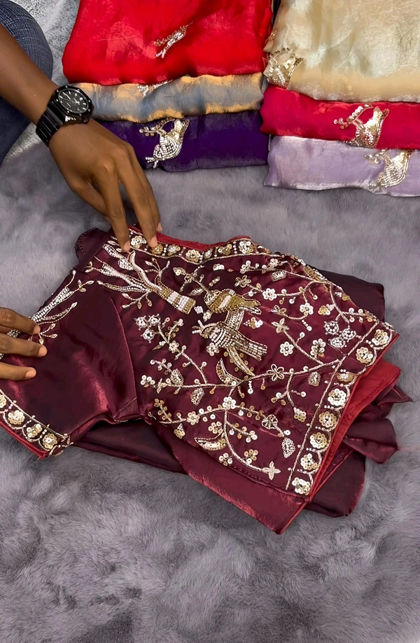 B29006 Most trending Parrot space silk Handwork saree With Stiched Blouse  - Maroon