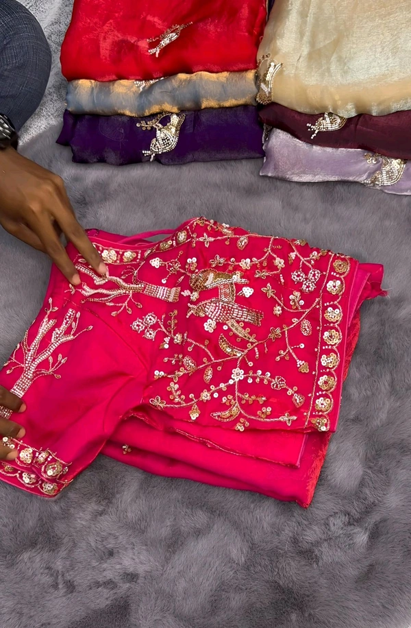 B29006 Most trending Parrot space silk Handwork saree With Stiched Blouse  - Pink