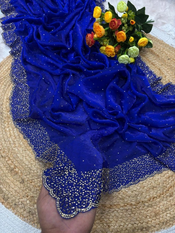 W22031  Instagram Trending Premium Space Silk saree with Jarkhan stone work - Blue