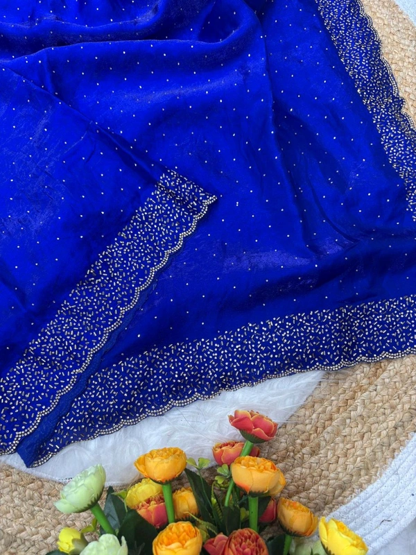 W22031  Instagram Trending Premium Space Silk saree with Jarkhan stone work - Blue