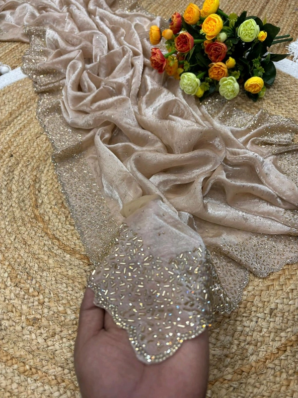 W22031  Instagram Trending Premium Space Silk saree with Jarkhan stone work - cream gold