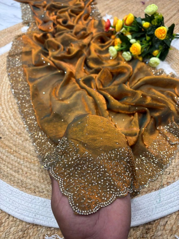 W22031  Instagram Trending Premium Space Silk saree with Jarkhan stone work - copper