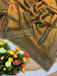 W22031  Instagram Trending Premium Space Silk saree with Jarkhan stone work - copper