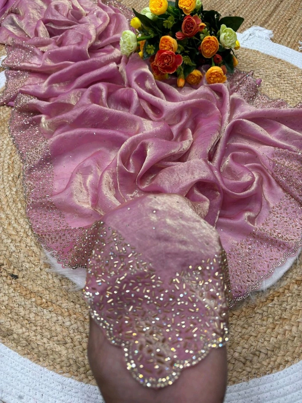 W22031  Instagram Trending Premium Space Silk saree with Jarkhan stone work - Baby pink