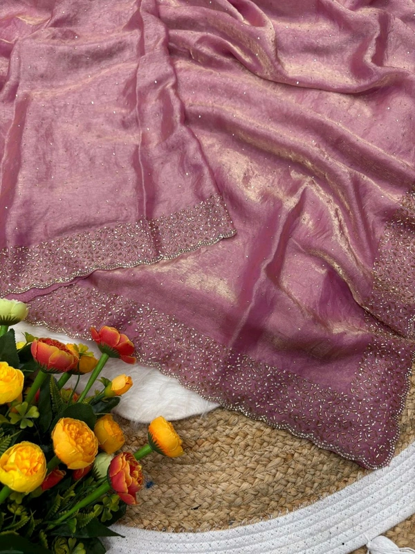 W22031  Instagram Trending Premium Space Silk saree with Jarkhan stone work - Baby pink