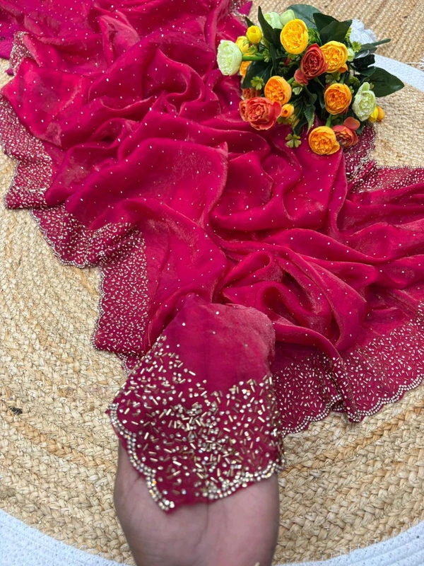 W22031  Instagram Trending Premium Space Silk saree with Jarkhan stone work - Pink