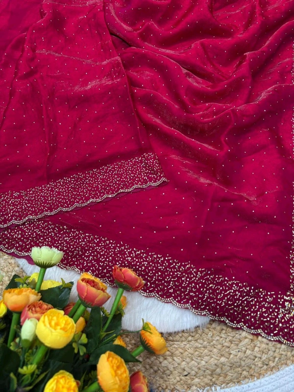 W22031  Instagram Trending Premium Space Silk saree with Jarkhan stone work - Pink
