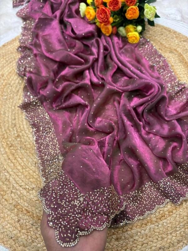 W22031  Instagram Trending Premium Space Silk saree with Jarkhan stone work - Purple Pizzazz