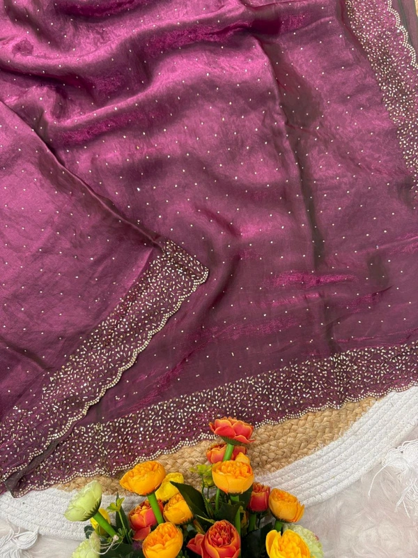 W22031  Instagram Trending Premium Space Silk saree with Jarkhan stone work - Purple Pizzazz