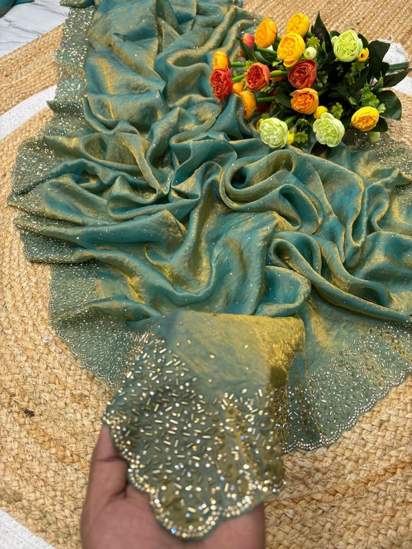 W22031  Instagram Trending Premium Space Silk saree with Jarkhan stone work - Turquoise