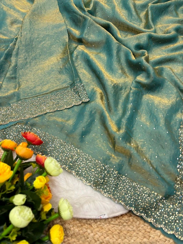 W22031  Instagram Trending Premium Space Silk saree with Jarkhan stone work - Turquoise