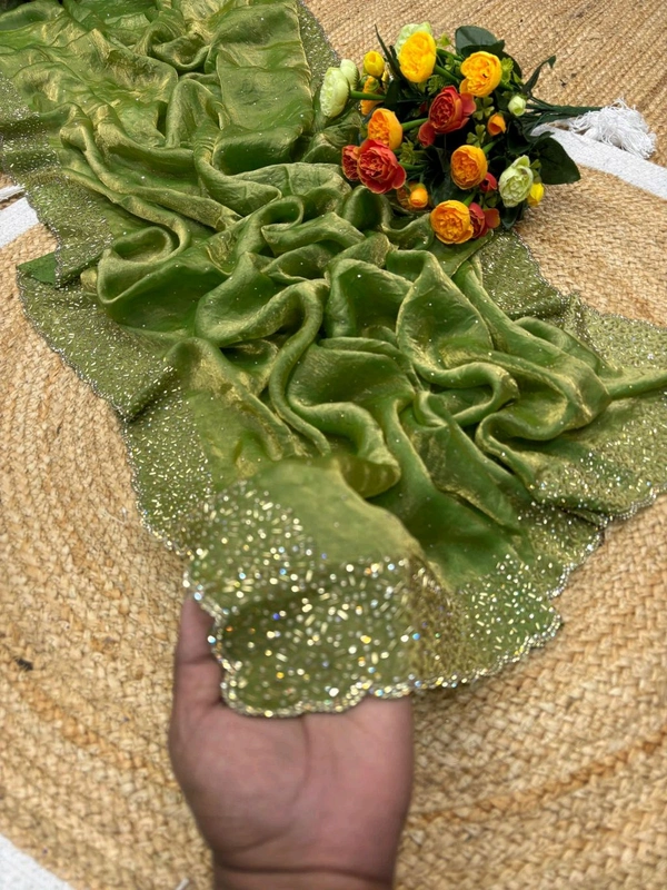 W22031  Instagram Trending Premium Space Silk saree with Jarkhan stone work - Green